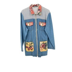 PG COLLECTION Blue Women's 100% Cotton Full Zip Denim Patchwork Jacket - Size 14